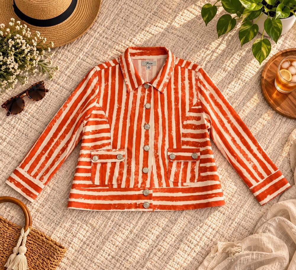 Flair XL Orange Cream Striped Button Front Jacket 95% Polyester 5% Spandex